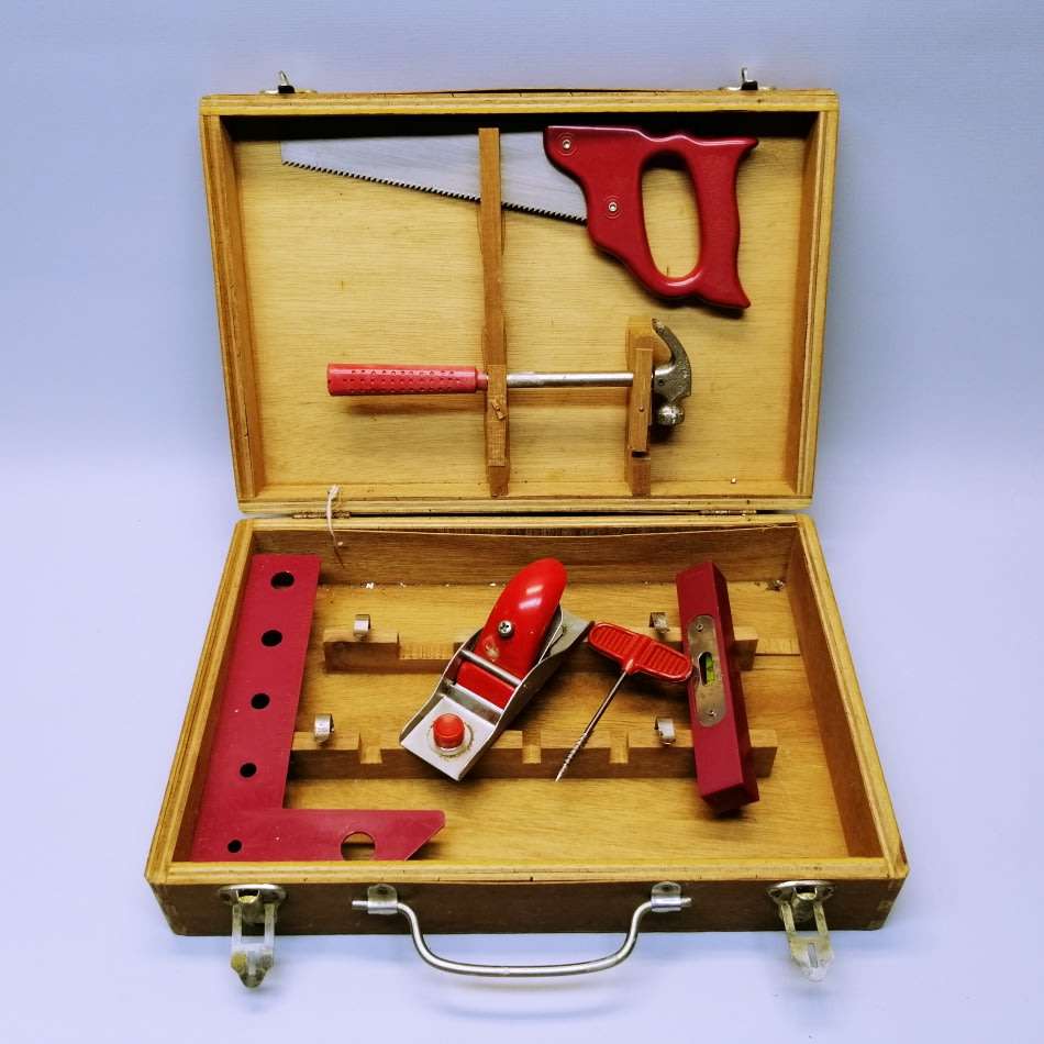 RARE!!! Original Vintage Metal Wood and Hard Plastic Kids Wood Tool Box!!!