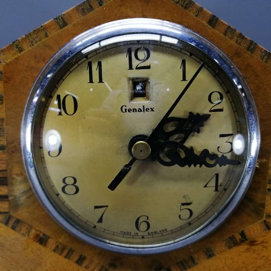 Original Art Deco Inlaid Wood Mantel Clock (Converted to New Mechanism, Working)