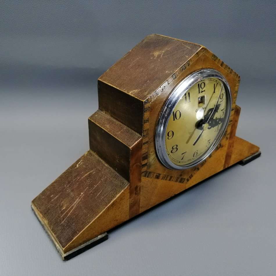 Original Art Deco Inlaid Wood Mantel Clock (Converted to New Mechanism, Working)