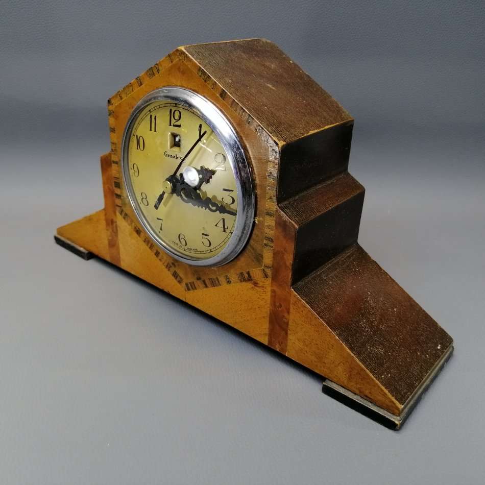 Original Art Deco Inlaid Wood Mantel Clock (Converted to New Mechanism, Working)