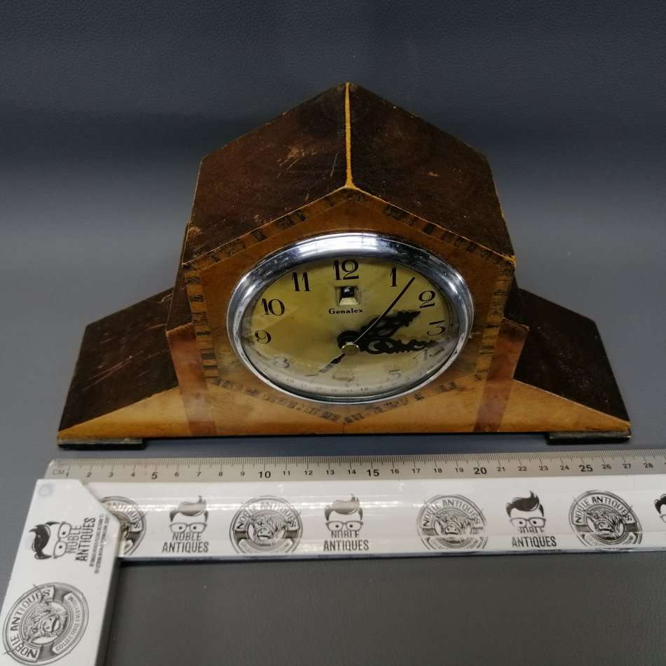 Original Art Deco Inlaid Wood Mantel Clock (Converted to New Mechanism, Working)