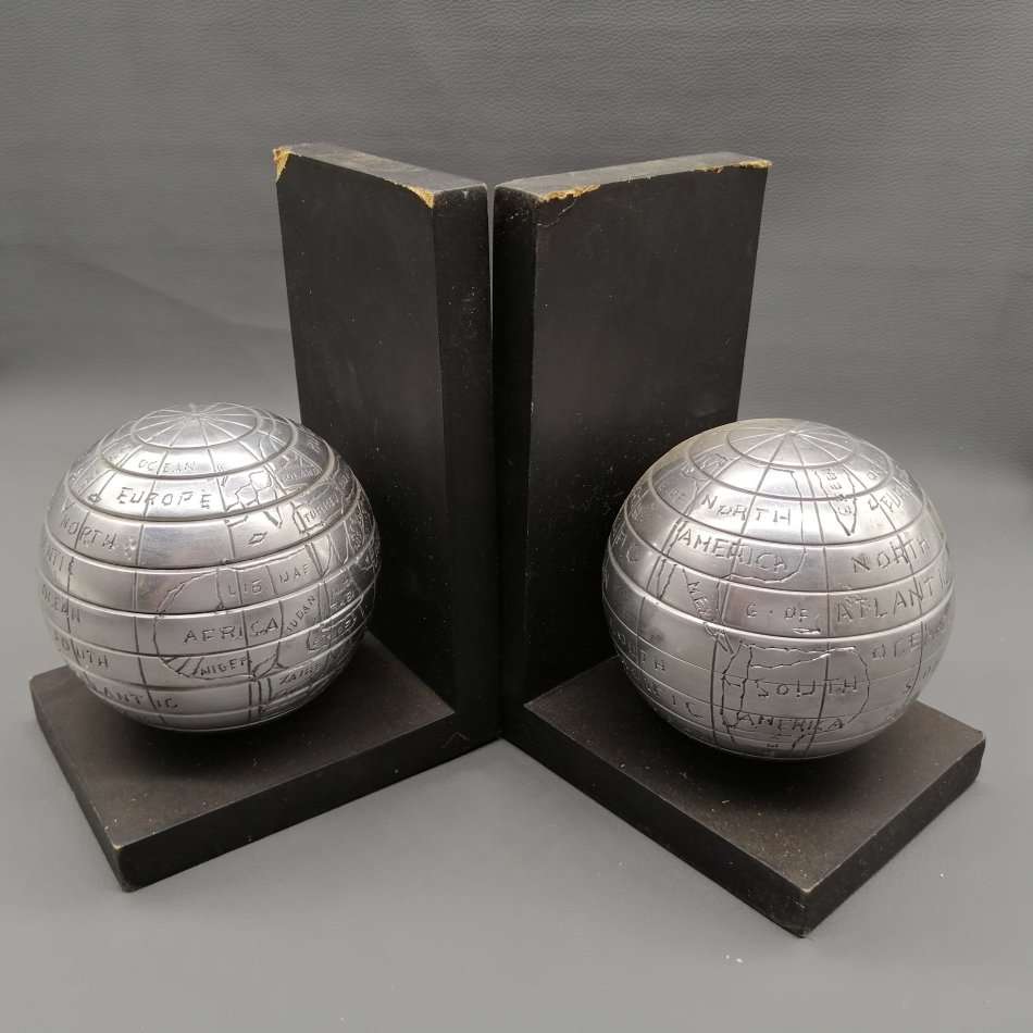 Two Cast Metal on Wood Base Globe Inspired Book Ends!!!