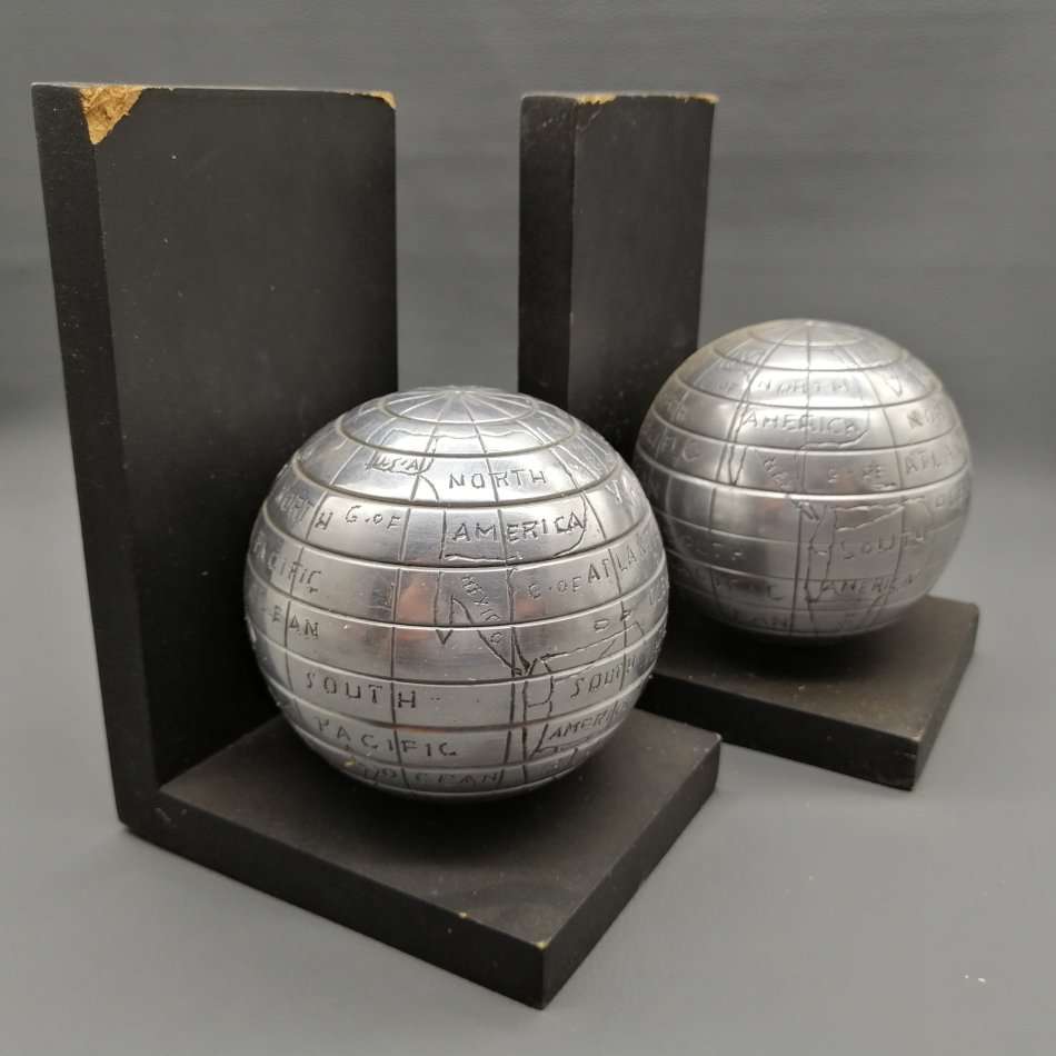 Two Cast Metal on Wood Base Globe Inspired Book Ends!!!
