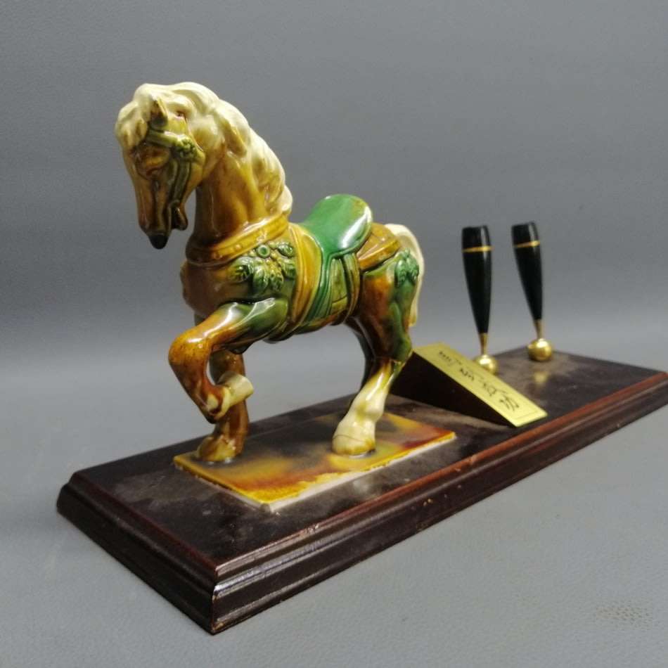 Large Wood and Porcelain Equestrian Themed Oriental Pen Stand!!!