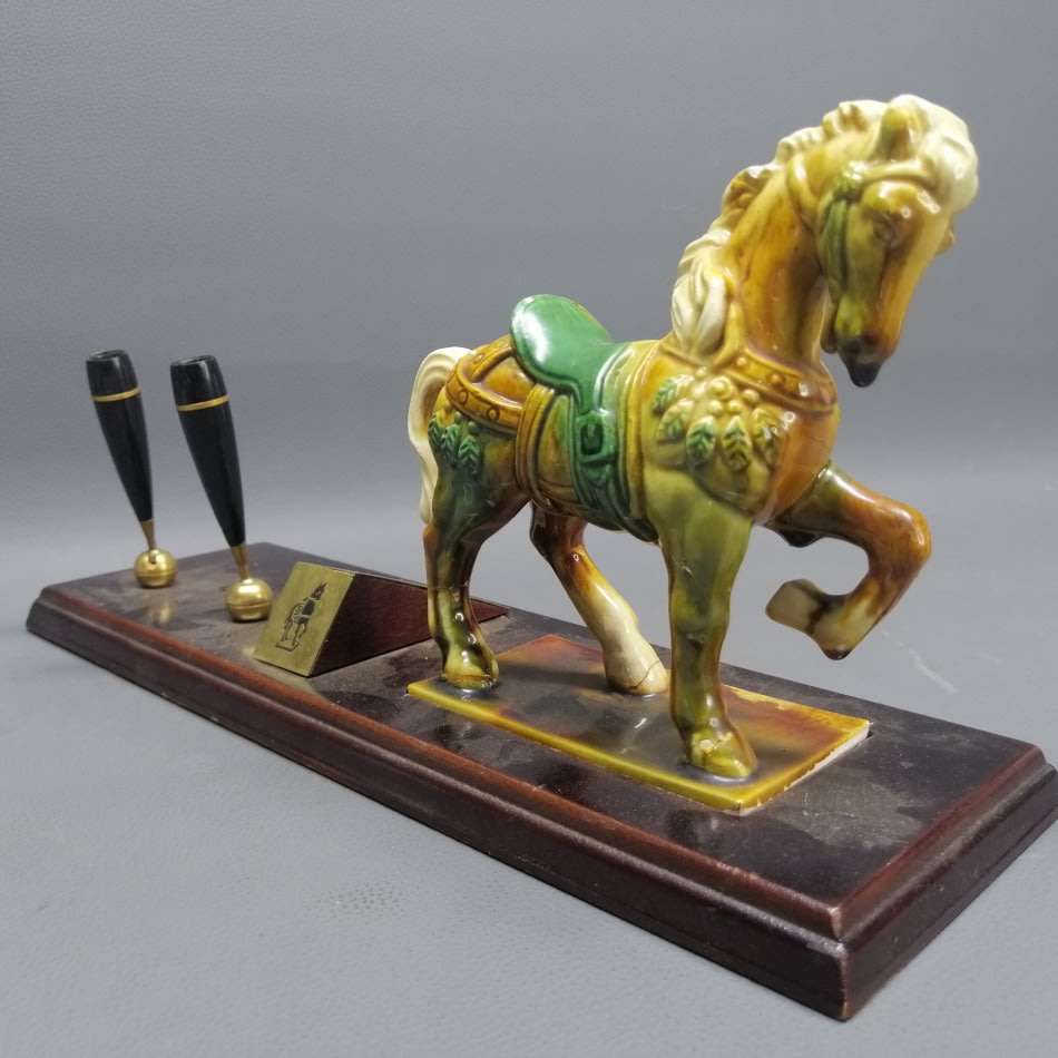 Large Wood and Porcelain Equestrian Themed Oriental Pen Stand!!!