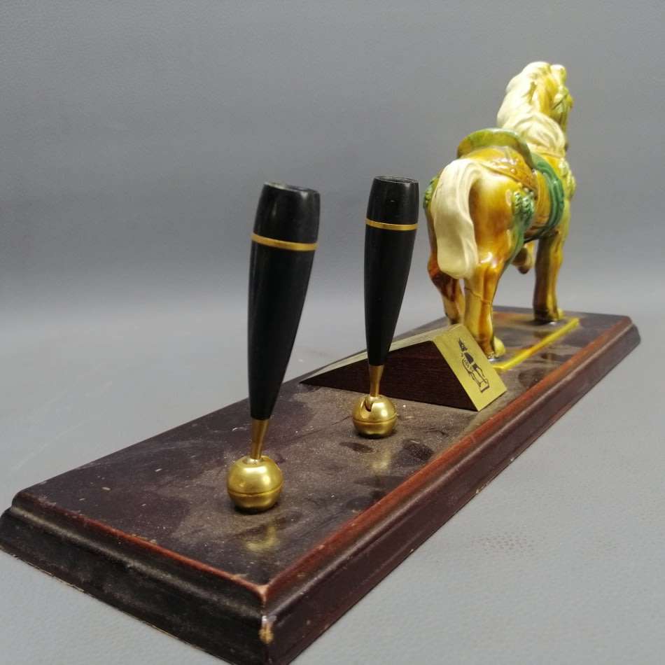 Large Wood and Porcelain Equestrian Themed Oriental Pen Stand!!!