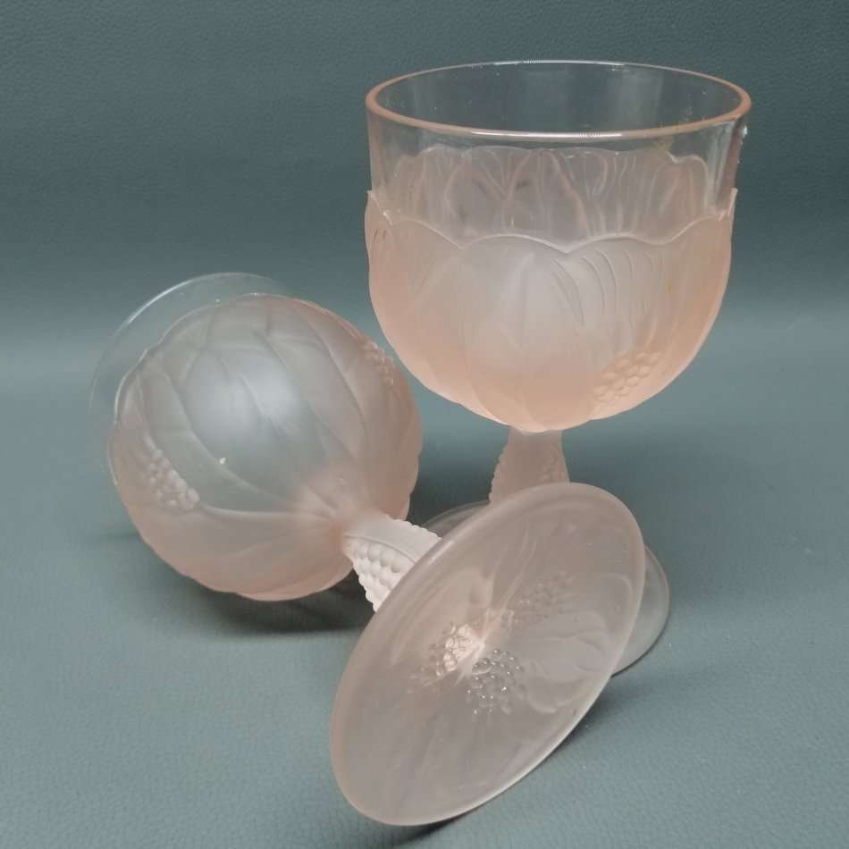 Two Vintage Pressed Pink Pressed Frosted Glass Wine Goblets!!!