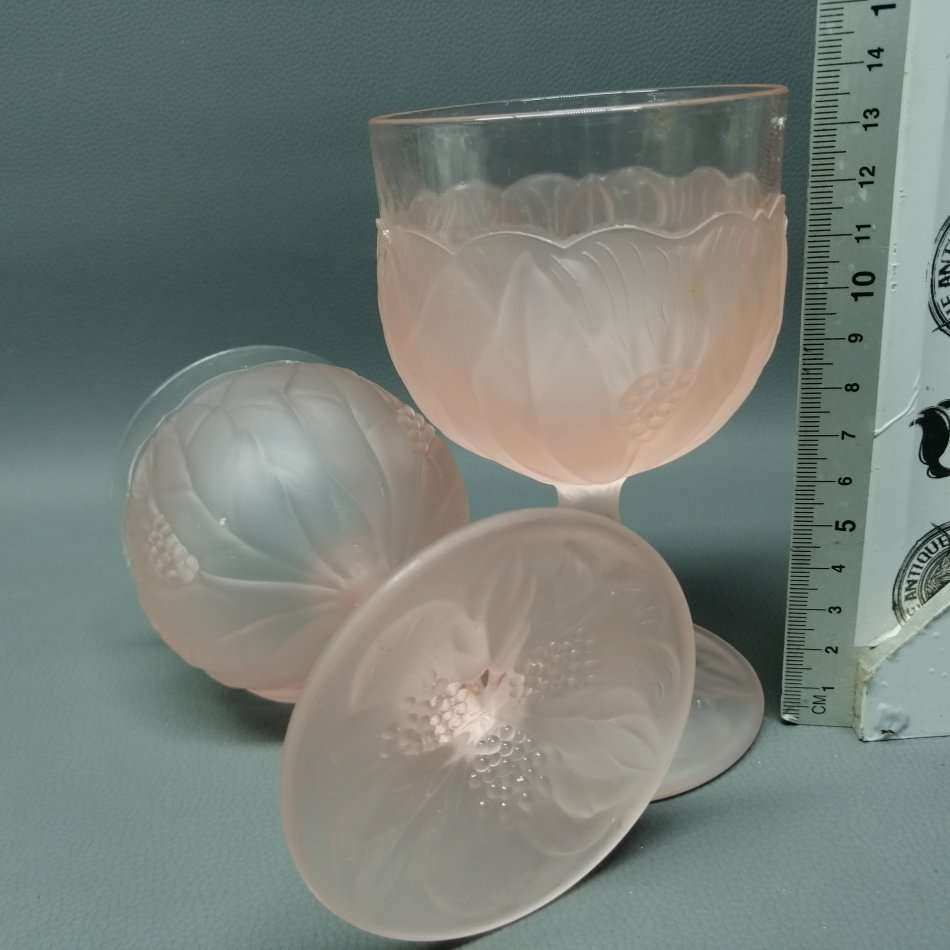 Two Vintage Pressed Pink Pressed Frosted Glass Wine Goblets!!!
