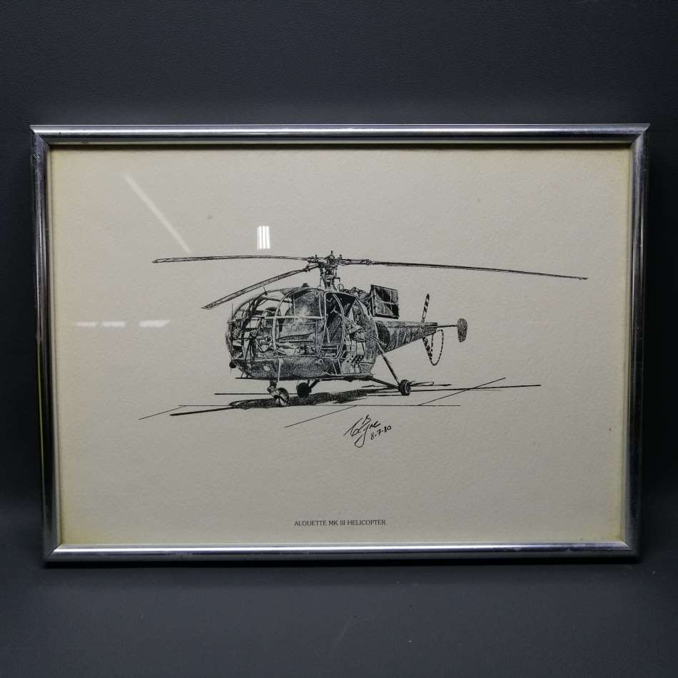 Framed Pencil Signed Alouette MK III Helicopter Printed Pencil Study!!! 420mm x 310mm