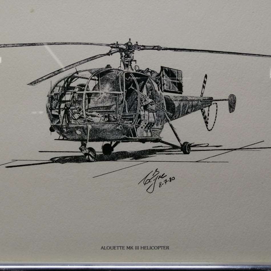 Framed Pencil Signed Alouette MK III Helicopter Printed Pencil Study!!! 420mm x 310mm