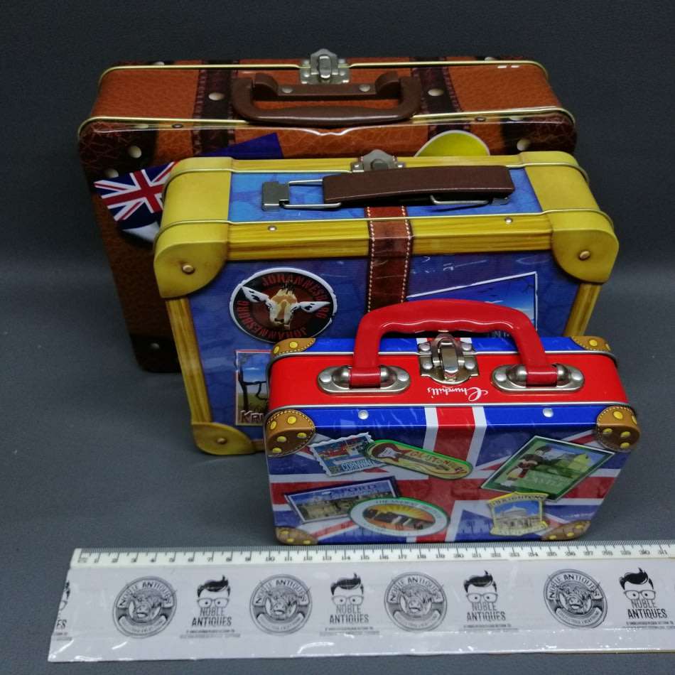 Super Cool!!! Original Lithographed and Embossed Travel Suitcase Bisquit Tin Collection!!!