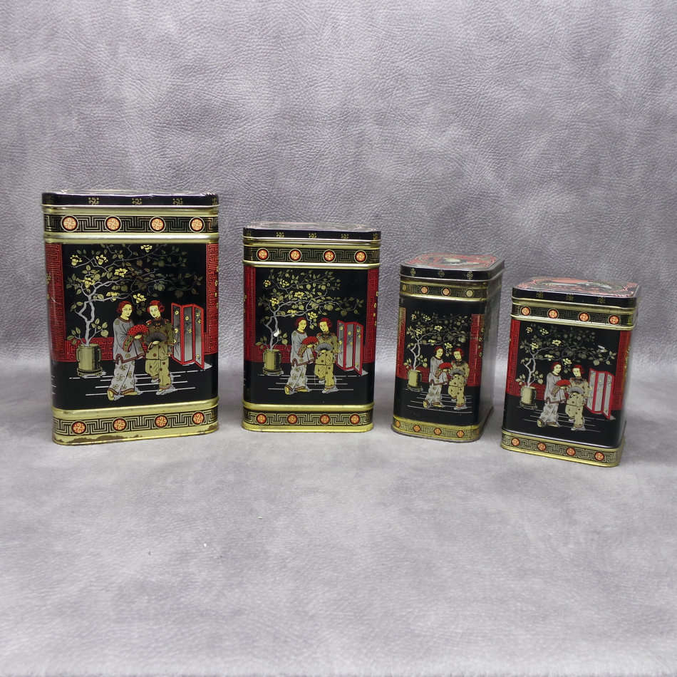 COOL!!! Large Oriental Themed Lithographed Tin Kitchen Containers!!! Bid For All!!