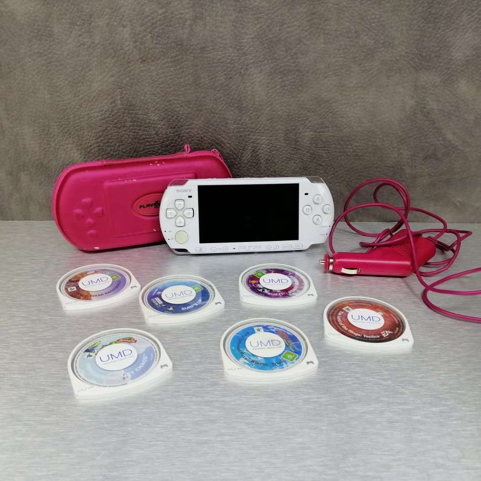 Original White Sony PSP with Accessories and Games, Not Tested, No Battery!!!!!!