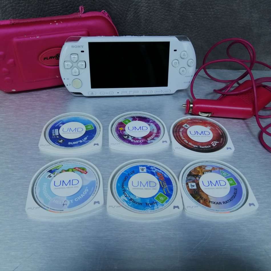 Original White Sony PSP with Accessories and Games, Not Tested, No Battery!!!!!!
