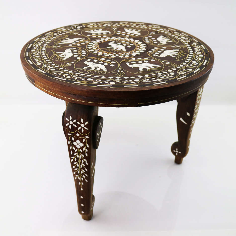 FANTASTIC!!! Original Hand Crafted Wood with Bone, Brass and Mother of Pearl Inlay Side Table!!!