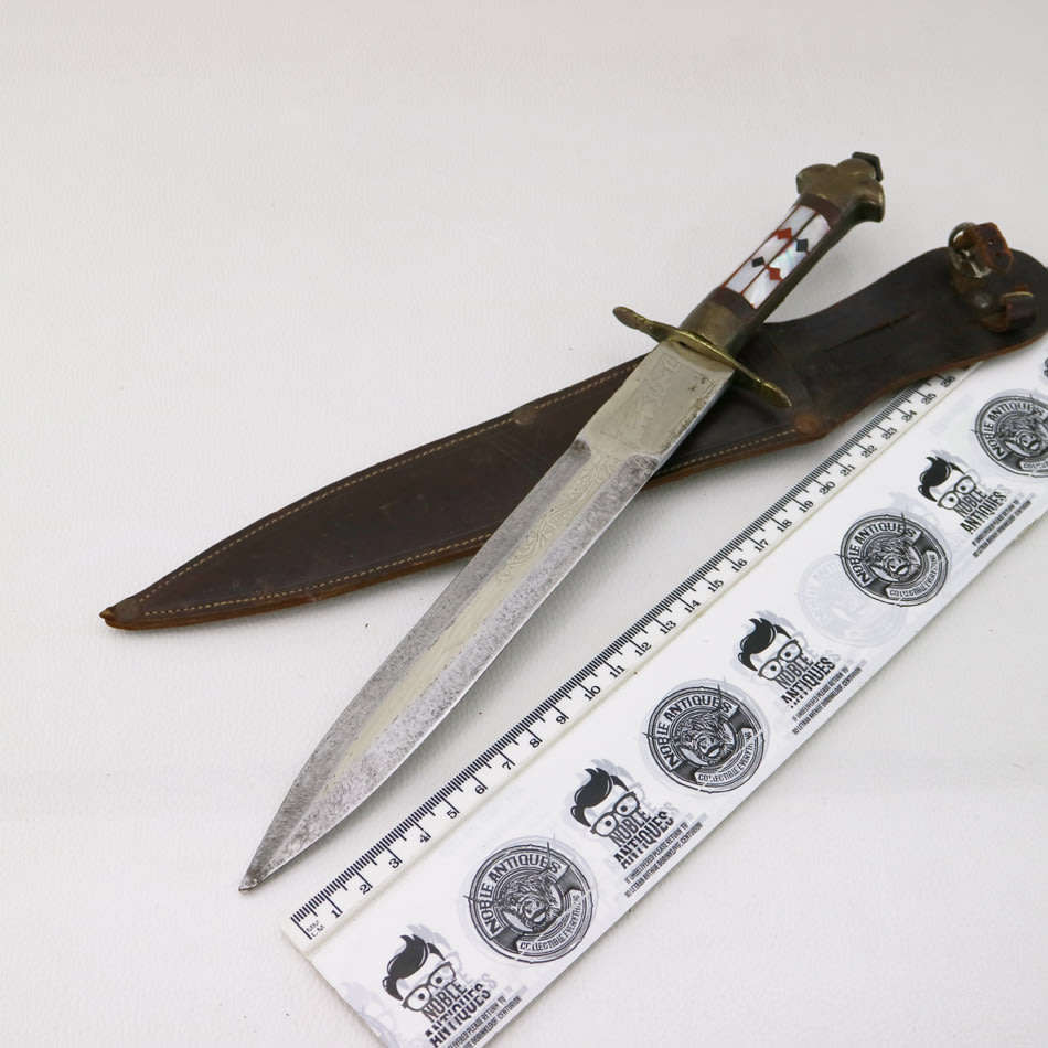 Highly Decorative Brass and Mother of Pearl Inlay Victory Dagger With Leather Sheath!!!