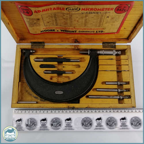 Large Vintage Wood Boxed Moore and Wright Adjustable Micrometer Set!!