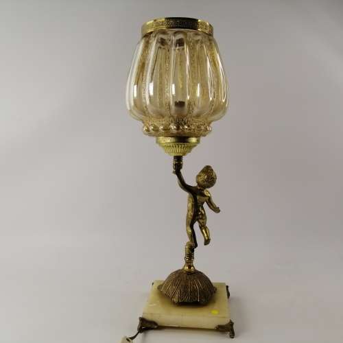 Large Ornate Vintage Footed Brass on Marble Base Lamp Stand and Glass Cover, Electrified, No Plug!!!
