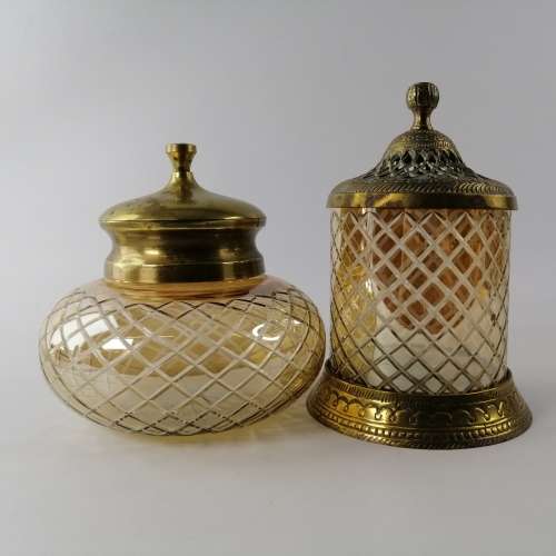 Spectacular!!! Two Cut Luster Glass with Brass Trimming and Lid Powder Bottles!!! Bid For Both!!!