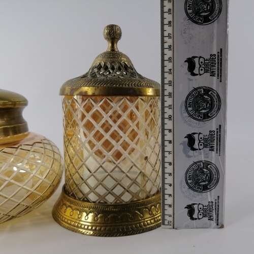 Spectacular!!! Two Cut Luster Glass with Brass Trimming and Lid Powder Bottles!!! Bid For Both!!!