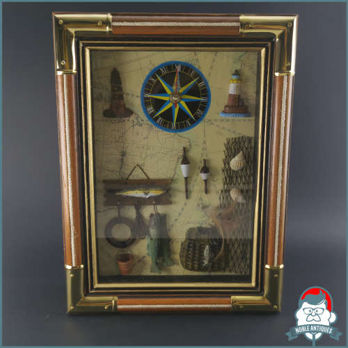 Decorative Brass Edged Maritime and Fishing Wall Mount Clock and Key Box!! Working!!!