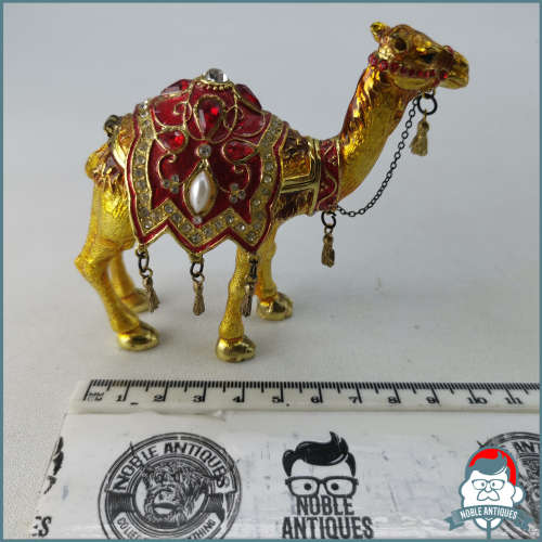 Camel Trinket Box, Clear Swarovski Crystal, Hand Painted Enamel Brown & Red Saddle Over Pewter!!