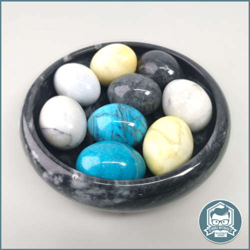 Egg Shaped Marble and Polished Gemstone Collection in Black Marble Bowl!!!