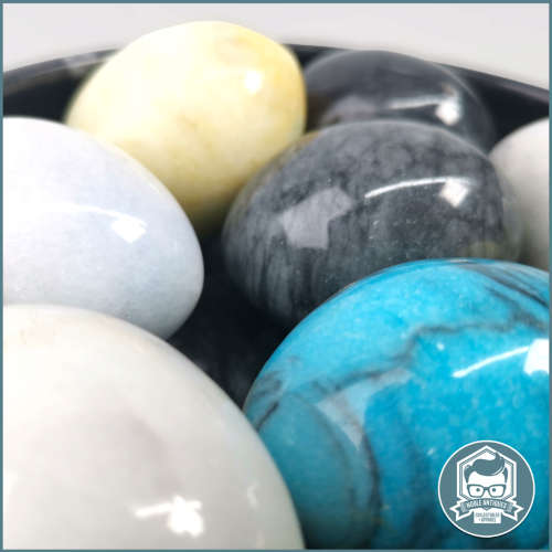 Egg Shaped Marble and Polished Gemstone Collection in Black Marble Bowl!!!