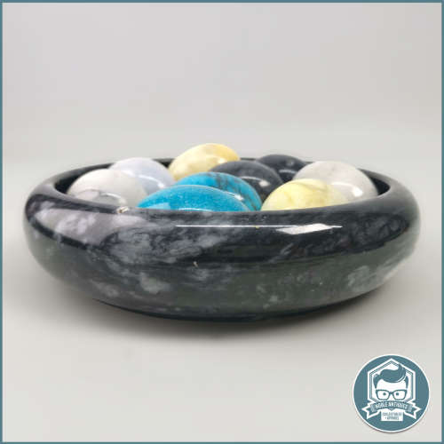Egg Shaped Marble and Polished Gemstone Collection in Black Marble Bowl!!!