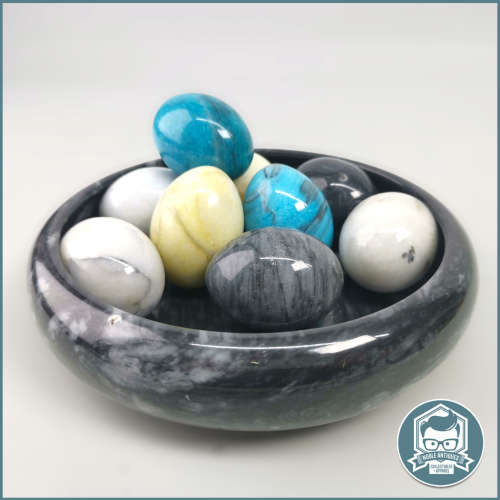 Egg Shaped Marble and Polished Gemstone Collection in Black Marble Bowl!!!