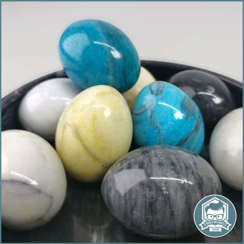 Egg Shaped Marble and Polished Gemstone Collection in Black Marble Bowl!!!