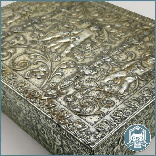 Large Vintage W. Germany Silver Cherub Hinged Cookie Box Collectible Tin!!!