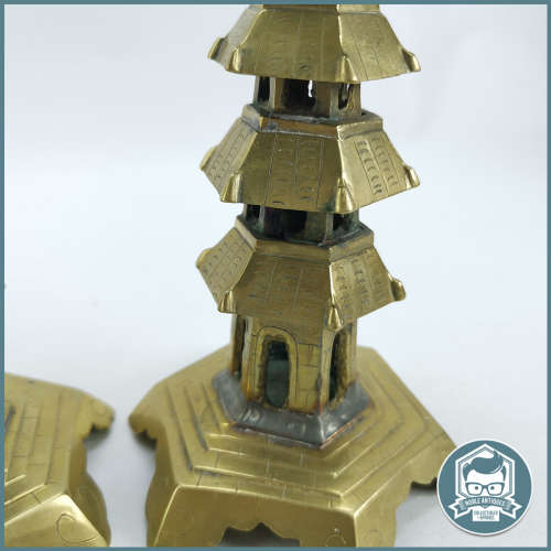 Two Antique Cast Brass 7 Tier Oriental Pagoda Candle Stands!!!
