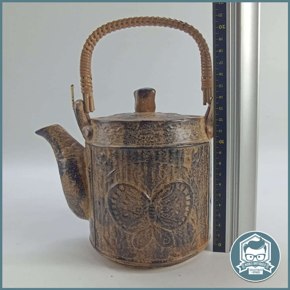 Vintage Glazed Ceramic Japanese Teapot with Butterfly and Wrapped Reed and Wire Handle!!!