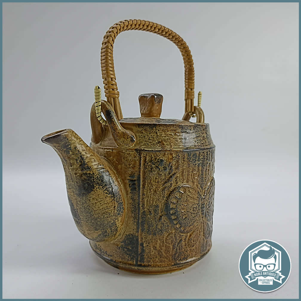 Vintage Glazed Ceramic Japanese Teapot with Butterfly and Wrapped Reed and Wire Handle!!!