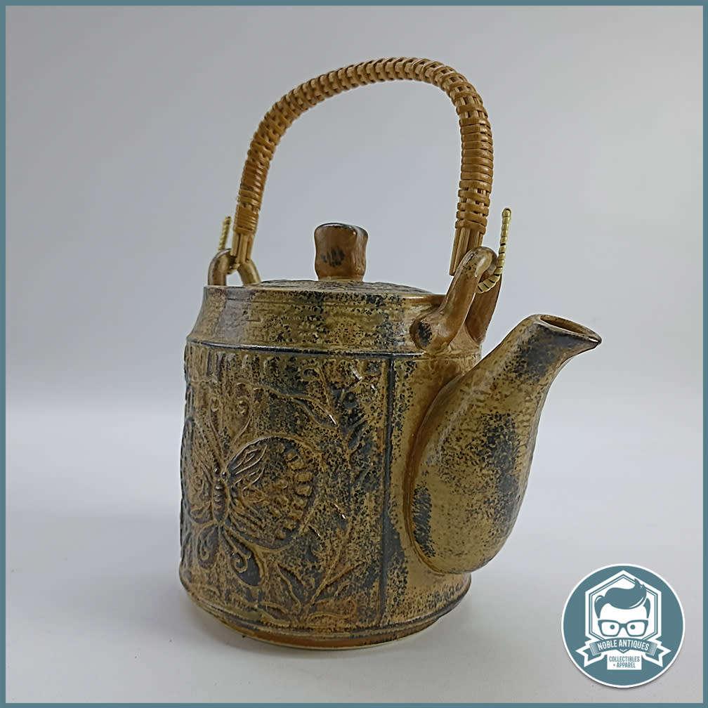 Vintage Glazed Ceramic Japanese Teapot with Butterfly and Wrapped Reed and Wire Handle!!!