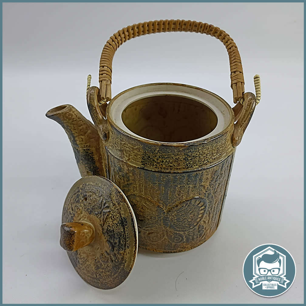 Vintage Glazed Ceramic Japanese Teapot with Butterfly and Wrapped Reed and Wire Handle!!!
