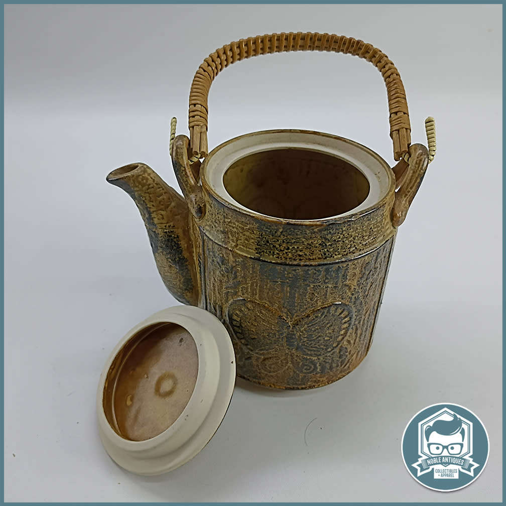 Vintage Glazed Ceramic Japanese Teapot with Butterfly and Wrapped Reed and Wire Handle!!!