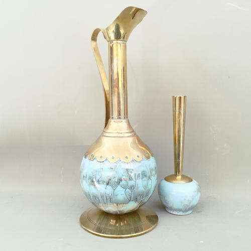 RARE Hand Painted Italian Porcelain and Brass Pitcher and Vase