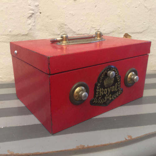 SUPER RARE Vintage Royal Japanese Red Tin Savings Bank (ALL WORKING) 160mm x 100mm x 100mm