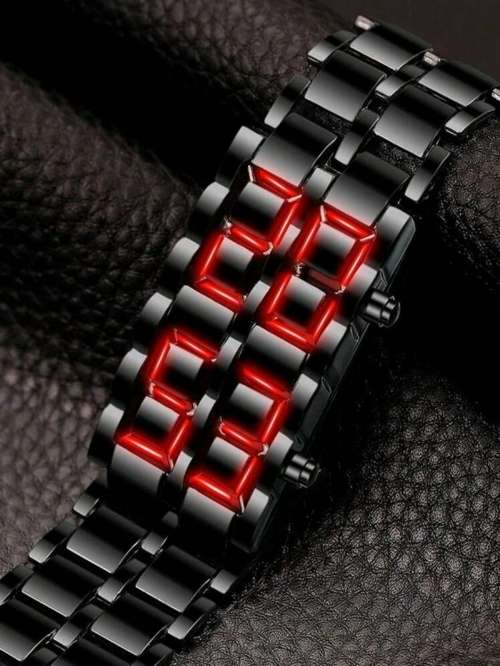 Men`s Stainless Steel Lava RED LED Digital Bracelet Watch (Black Red)