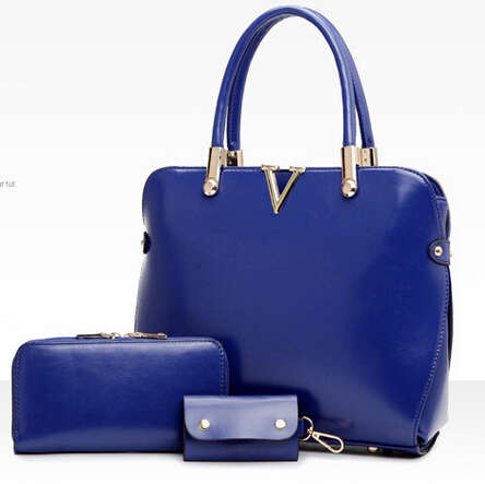 3 pieces set ladies high quality handbag, purse (clutch), key holder. Blue color. Stock in ZA