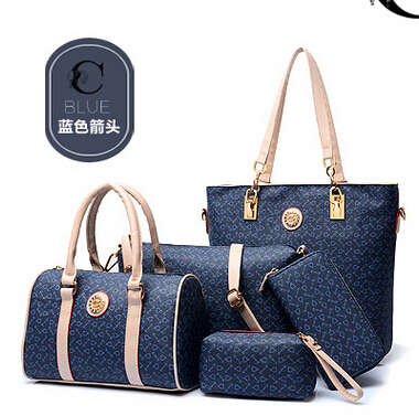 5 pieces set classic pattern ladies handbags, purse, shoulder bag. Blue color. Stock in ZA