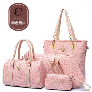 5 pieces set classic pattern ladies handbags, purse, shoulder bag. Pink color. Stock in ZA