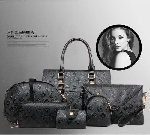 Classic beautiful pattern 6 pieces set handbag. Black color.