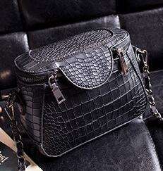 Crocodile embossed strong leather bucket handbag. Black color.