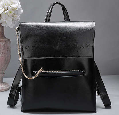Genuine leather wax oil backpack (school bag). Black color.
