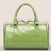 Shining patent leather suitcase ladies handbag. green apple color.