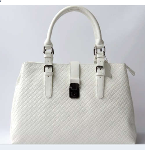 Genuine cow leather knitting ladies handbag, white color
