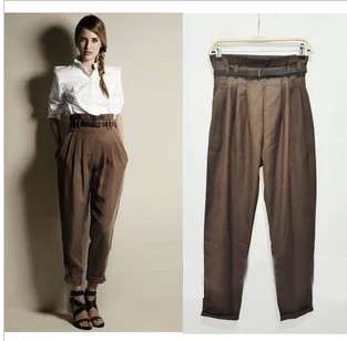 Free belt, Fashion high waist brown color straight pans, trousers, sizeM, XL fit 32,36.